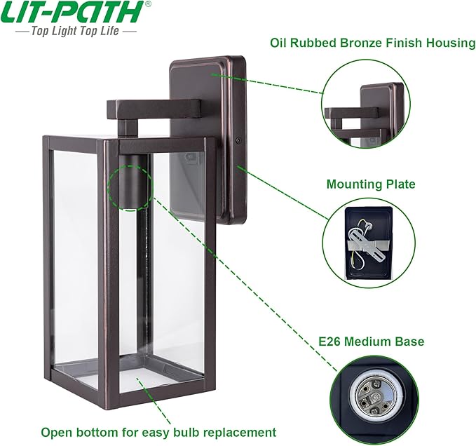 LIT-PaTH Outdoor Wall Lantern, Wall Sconce as Porch Lighting Fixture, E26 Medium Base Max 60W, Anti-Rust Metal with Glass Shade, Oil Rubbed Bronze Finish, 1-Pack