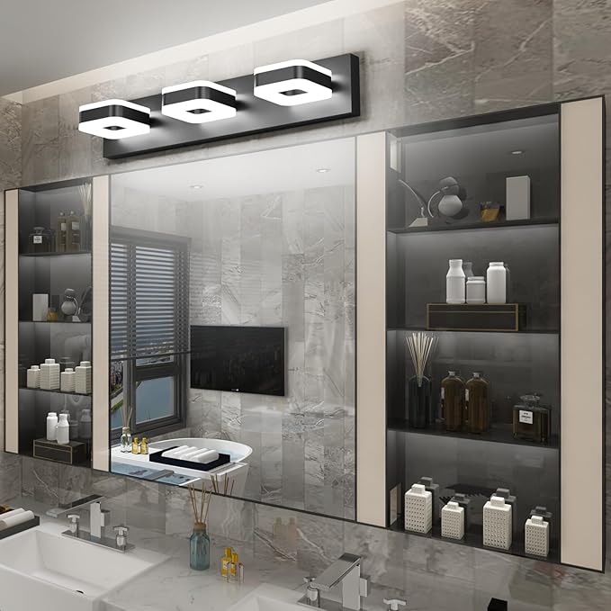 Tipace LED Modern Bathroom Vanity Light Fixtures (3-Light, 23.6-Inch), Acrylic Black Bathroom Wall Lighting Fixtures Over Mirror (Cool White 5500K) with Rotatable Vanity Lights Heads