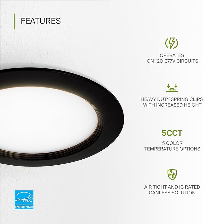 ASD Recessed Lighting 6 Inch Round Commercial LED Downlight, Mini Panel Baffle Trim, 15W 120-277V, 5 CCT 2700K/3000K/3500K/4000K/5000K, Dimmable LED Ceiling Light Fixture, Black, ETL, 6 Pack