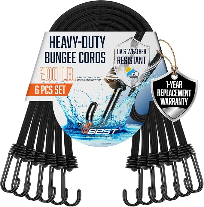 6 Piece Strong Bungee Cords with Hooks 36 Inch - Heavy Duty Outdoor Black Bungy Straps with Metal Hooks - 3ftt Bungie Chords Set UV & Weather Resistant