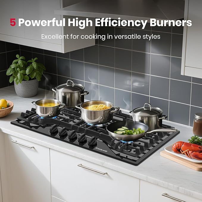 GASLAND 36 Inch Gas Cooktop 5 Burner, PRO GH2365EF, Built-in NG/LPG Convertible Stovetops, Gas Countertop Plug-in with Thermocouple Protection, Black