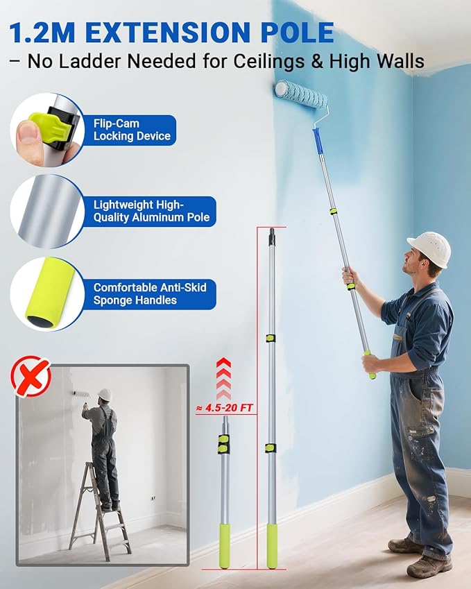 Paint Roller Kit with Extension Pole 2 to 4FT, All-in-One Wall Painting Tools Kit Paint Rollers Cover and Paint Roller Frame, Paint Brushes Set for House Painting - 30 Piece Sets