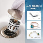 Vessel Sink Drain for Bathroom, Pop-up Drain With Detachable Basket Stopper, Anti-Explosion And Anti-Clogging Drain Strainer, Sink Drain Assembly With Overflow Brushed Nickel, REGALMIX RWF083J