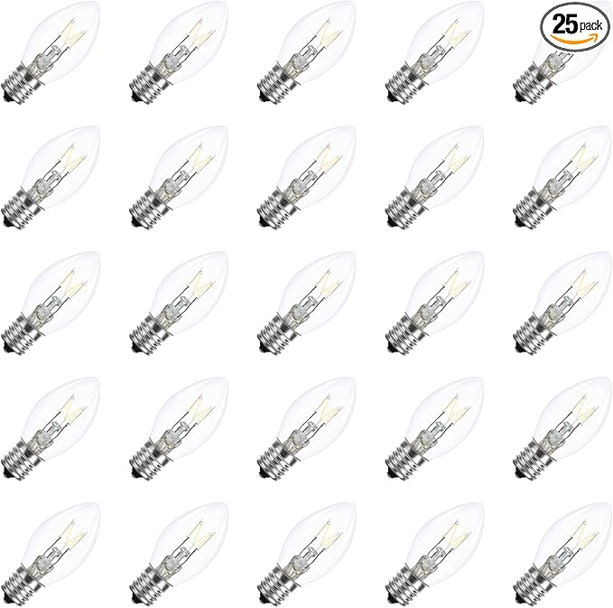 25 Pack C7 Clear Replacement Bulbs Waterproof UL Certified 5w Incandescent for Indoor/Outdoor Use and Christmas Tree String Lights