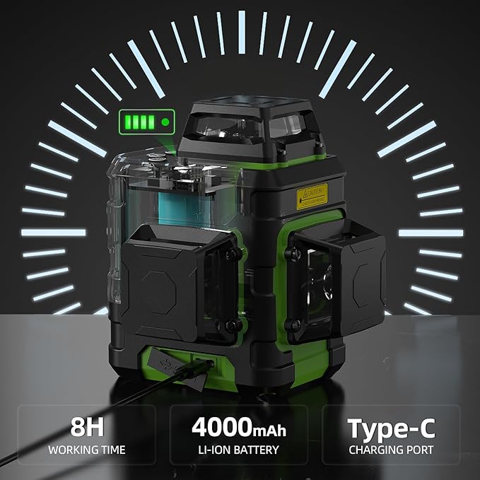 Huepar Laser Level 3 x 360 Self Leveling Laser Level Tool 3D Cross Line Leveling and Alignment Laser Tool, Li-ion Battery with USB-C Charging Port & Hard Carry Case & Tape Measure Included - HM03CGTP