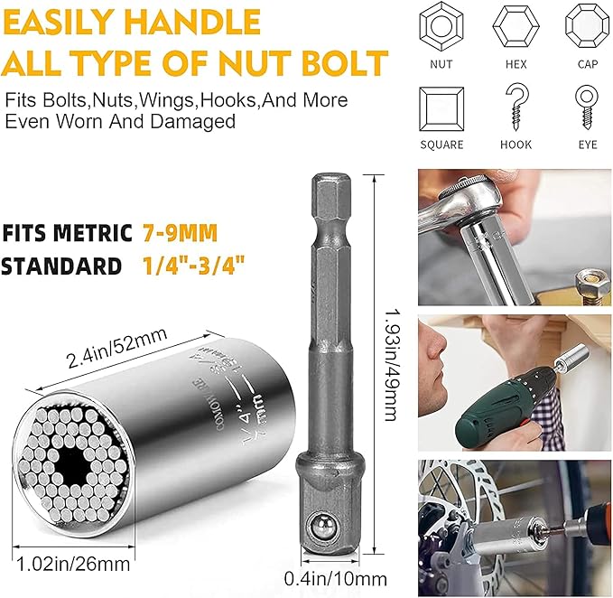 Flexible Drill Bit Extension and Universal Socket Wrench Tool Set, Hex Shank 105° Right Angle Drill Attachmen, 3pcs 1/4 3/8 1/2" Universal Socket Adapter Set and Screwdriver Bit Kit