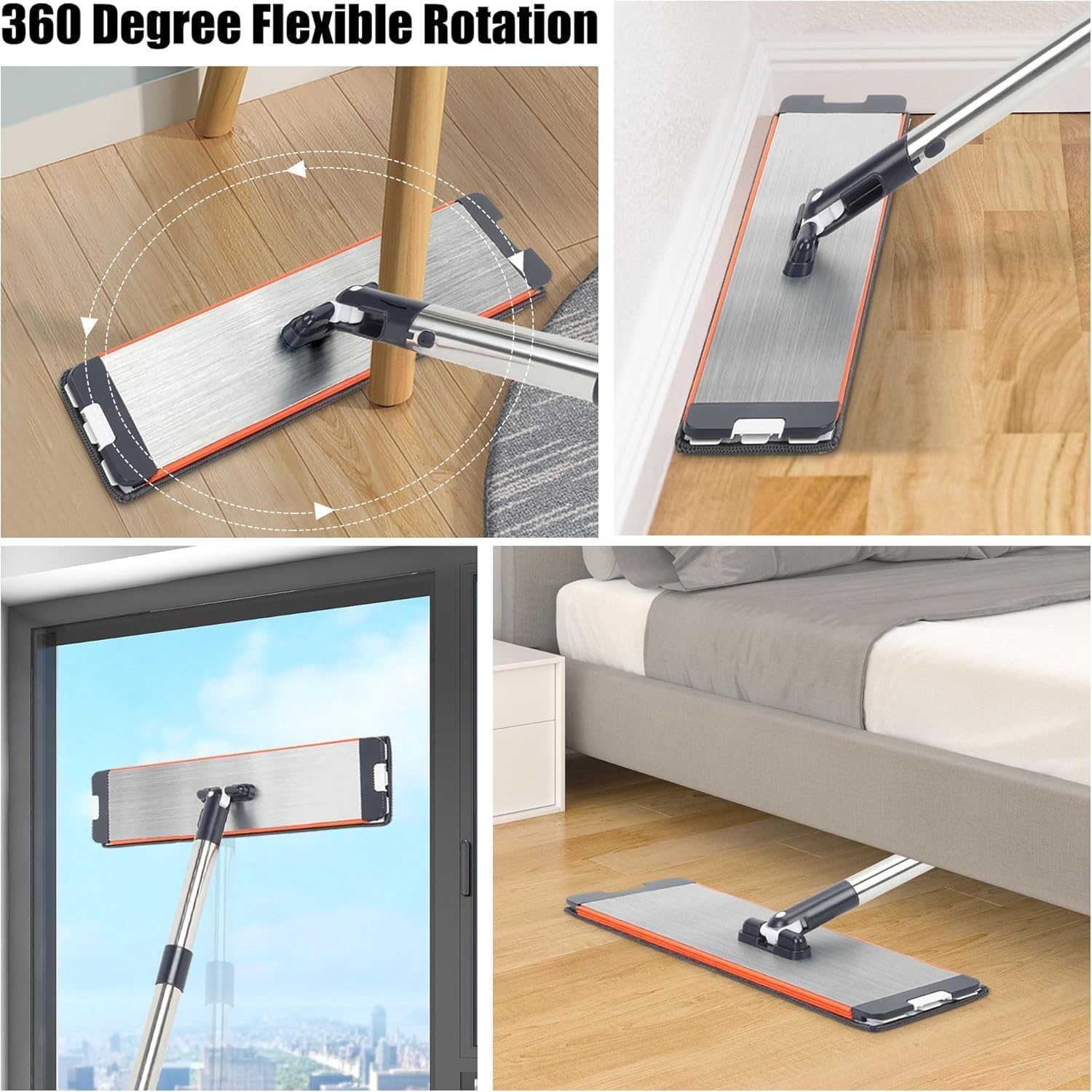 Easywring Washable Mop and Bucket with Wringer Set for Home, Durable and Sturdy Aluminum Flat Mop Head, 2-Chamber, Wet and Dry for All Surfaces, with 8 Reusable Microfiber Mop Pads 13 inch (16 Inch)