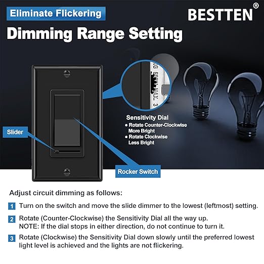 BESTTEN 10 Pack Dimmer Wall Light Switch, Compatible with Dimmable LED, CFL, Incandescent and Halogen Bulb, Single Pole or 3-Way Dimmer Switches, 120VAC, Decorator Wall Plate Included, Black
