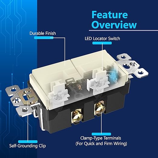 LIDER Minimalist Design Matte Finish Lighted Double Switch with Screwless Wall Plate, Combination Decorator Switch with Locator Light, Ground Terminal, Single Pole, 15A 120V, UL Listed, Light Almond
