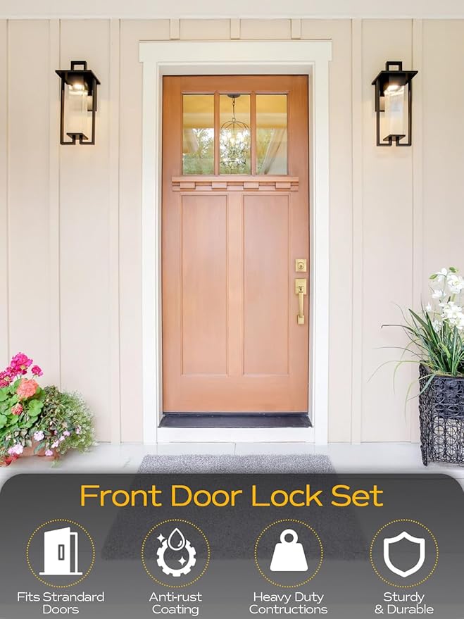 EHOMEWARE Gold Front Door Handle Set, Brass Heavy Duty Square Door Lever & Single Cylinder Deadbolt Combo Reversible for Entrance Exterior Doors 1 Set