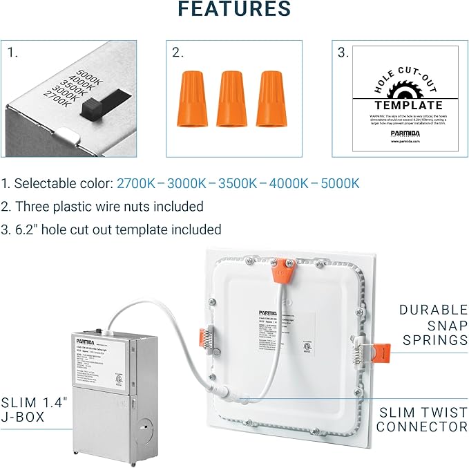PARMIDA (12 Pack) 6 Inch Square 5CCT Ultra Thin LED Recessed Lighting with Junction Box, 2700K/3000K/3500K/4000K/5000K 5 Color Selectable, 12W, Dimmable, Canless Wafer Slim Panel Lights, IC Rated, ETL