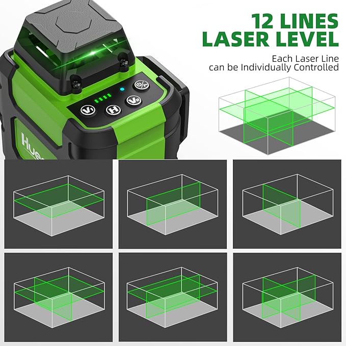 Huepar Laser Level 3 x 360 Self Leveling Laser Level Tool 3D Cross Line Leveling and Alignment Laser Tool, Li-ion Battery with USB-C Charging Port & Hard Carry Case & Tape Measure Included - HM03CGTP