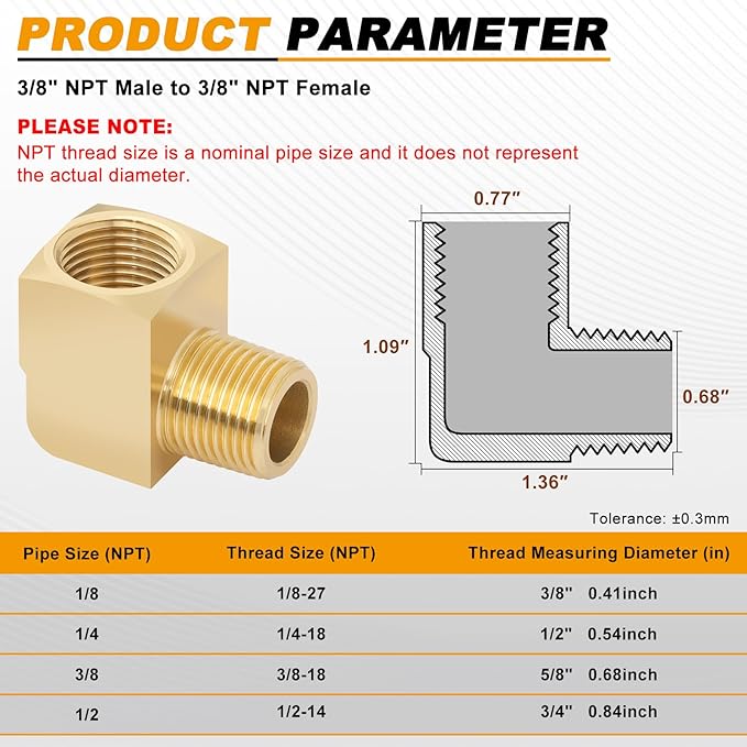 KOOTANS 4pcs 3/8 NPT 90 Degree Barstock Street Elbow Brass Fittings, 3/8" NPT Male to 3/8" NPT Female Thread Elbow Forged Brass Pipe Fitting