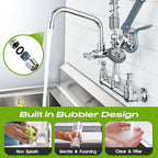 Commercial Sink Faucet with Sprayer 21" Height, 8 Inch Center Wall Mount Kitchen Sink Faucet with Down Pre-Rinse Sprayer and 8" Add-on Swing Spout