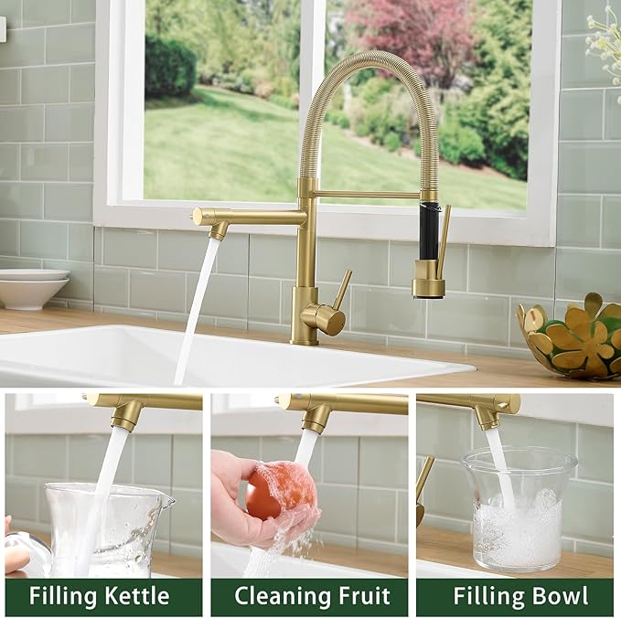 Fapully Commercial Pull Down Kitchen Faucets with Sprayer,Single Handle Spring Brushed Gold Kitchen Sink Faucet