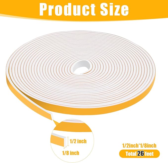 26Feet Weather Stripping Seal (1/2 Inch X 1/8 Inch) for Door Window, High Density Foam Tape, Soundproofing, Insulation Strip, Door Sealers for Door Frame- White