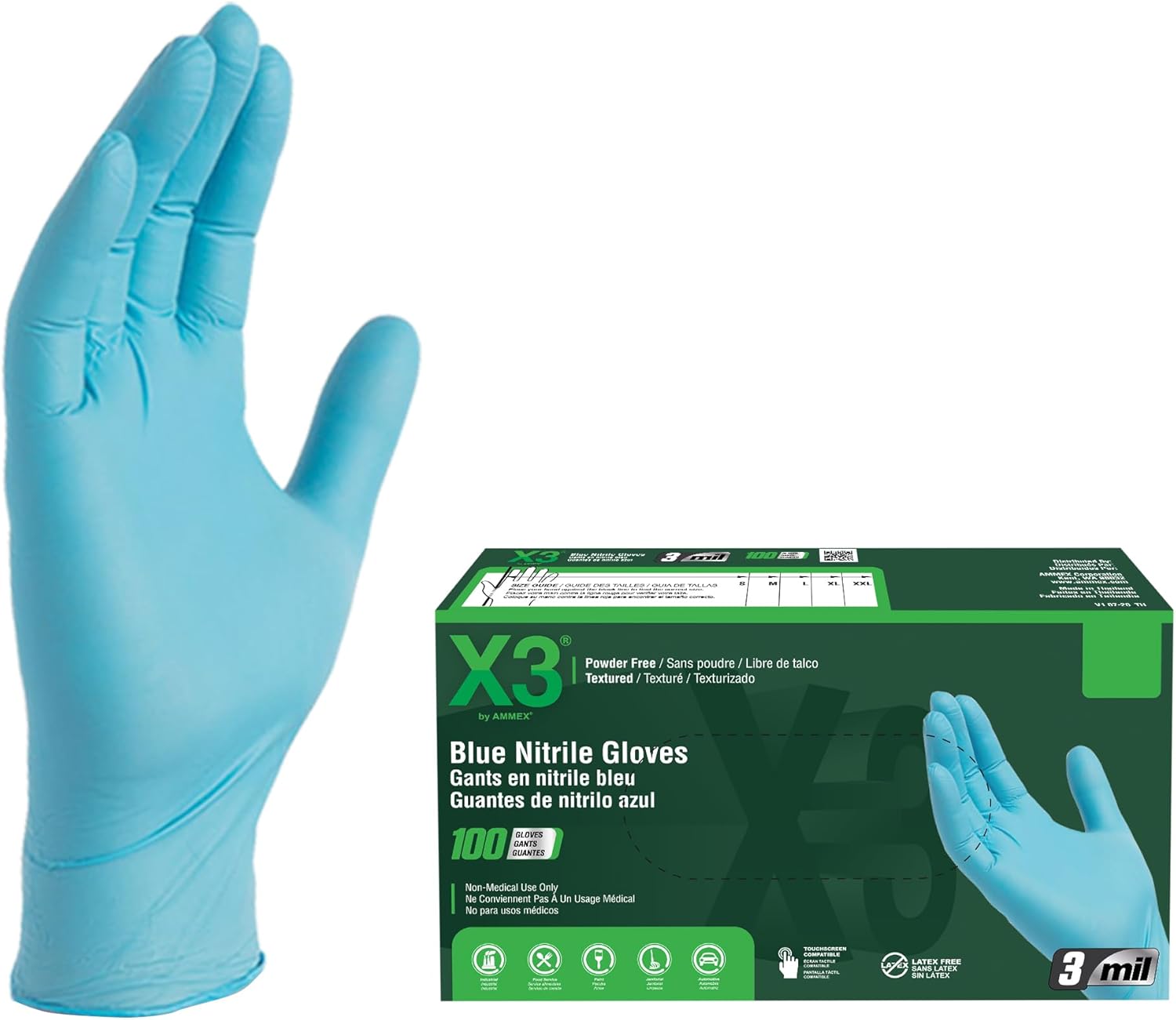 X3 Blue Nitrile Disposable Industrial-Grade Gloves, 3 Mil, Latex & Powder-Free, Food-Safe, Non-Sterile, Lightly Textured