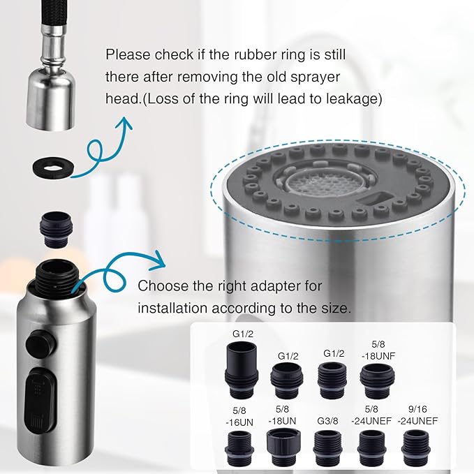 Metal Kitchen Faucet Head Replacement, 3-Function Pull Down Spray Head for Kitchen Faucet, High Pressure Sink Spray Nozzle with 9 Adapters Compatible with Most Faucets, Brushed Nickel