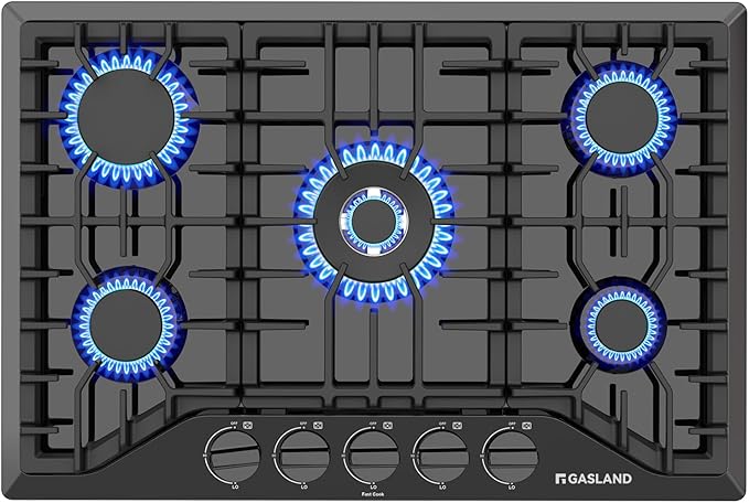 GASLAND 30 Inch Gas Cooktop Black, 5 Burner Propane Stove Top, Built-in NG/LPG Convertible Gas Cooktops, Plug-in with Thermocouple Protection, Black