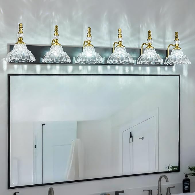 Vintage Bathroom Vanity Light, 6-Light Black Gold Vanity Lighting Fixture with Flower Glass Shade, Bathroom Lighting Fixtures Over Mirror