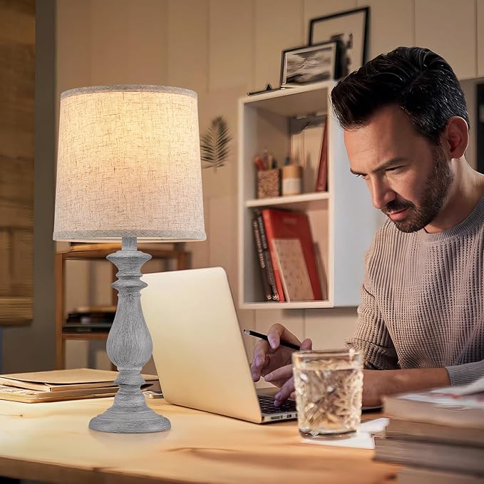 Lamps Set of 2 Vintage Rustic Farmhouse Table Lamps Bedside Reading Lamp Bedroom Nightstand Living Room Teapoy Lamp, Desk Light, 22 Inch High,Light Grey, with Fabric Shade, Bulb Not Included