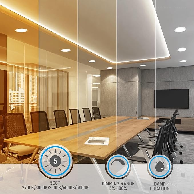 TORCHSTAR 8 Inch 5CCT Ultra-Thin LED Recessed Ceiling Light with Junction Box, CRI90, 27003000350040005000K Selectable, 18W Dimmable Slim Canless Wafer Downlight, ETL & ES & FCC, Pack of 6