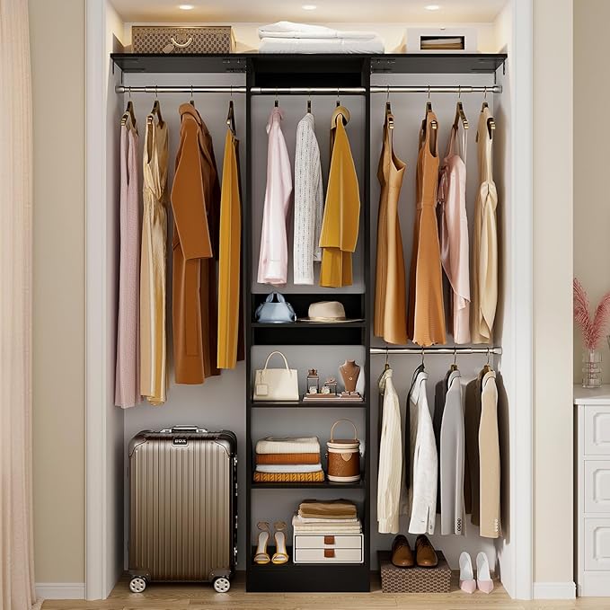 48" Small Closet Organizer, 4FT Closet System for Small Closets with 4 Hanging Rods & 3 Shelves, 80"H Small Closet Organizers and Storage for Bedrooms, Cloakrooms, Black