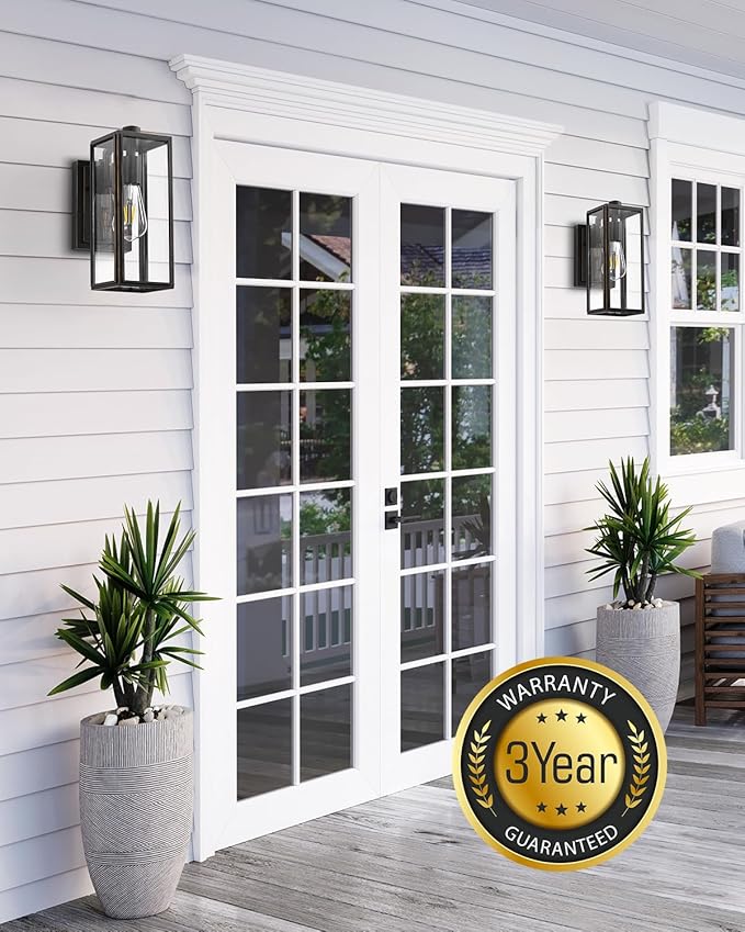 VIANIS Outdoor Wall Lights Dusk to Dawn, Large Exterior Light Fixture Wall Mount for House Front Porch Light, Black Anti-Rust Modern Outside Wall Sconces with Tempered Glass Shade for Garage