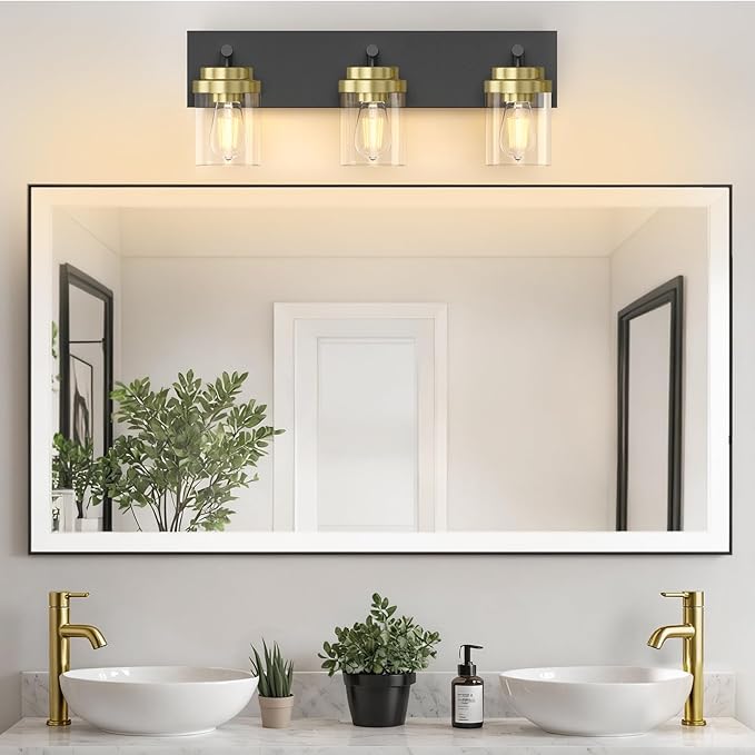 IZORRO Bathroom Vanity Light Fixture, 3-Light 22 Inch Black and Gold Bathroom Light Fixtures Over Mirror, with Clear Glass Shade, Modern Farmhouse Vanity Lights, Rustic Restroom Lighting Fixtures