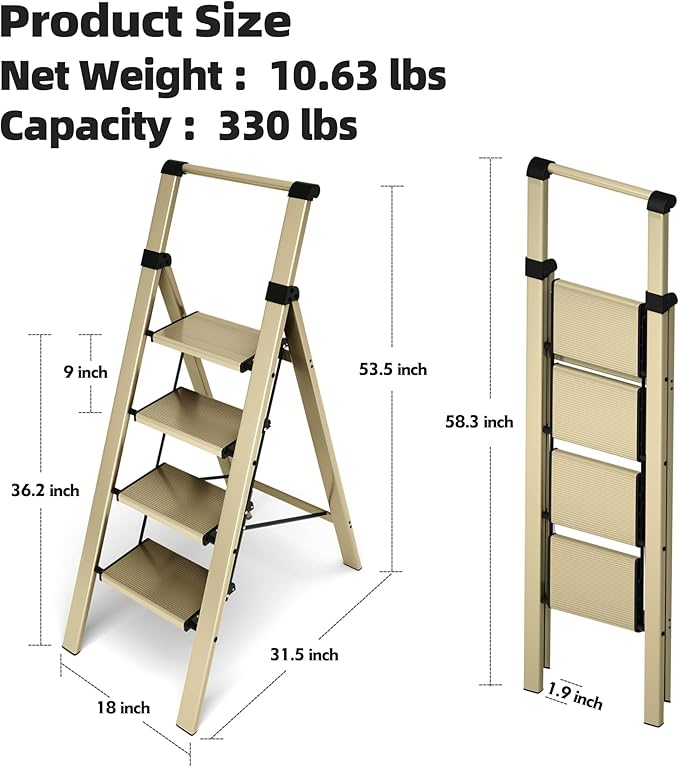 HillhutApex 4 Step Foldable Aluminum Step Ladder with Handgrip, Anti-Slip Pedal, 330 lbs Capacity, Lightweight & Portable for Home, Kitchen, Office, Garage (Gold)