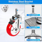 Stainless Steel Caster Wheels 4 inch, 3/8"-16x1 Threaded Stem Casters with Side Brake Set of 4, Non-Marking Slient Polyurethane PU Wheels for Furnitures,Restaurants,Labs,Hospitals