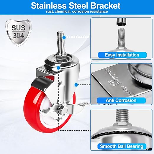 Stainless Steel Caster Wheels 4 inch, 1/2"-13x1-1/2 Threaded Stem Casters with Side Brake Set of 4, Non-Marking Slient Polyurethane PU Wheels for Furnitures,Restaurants,Labs,Hospitals