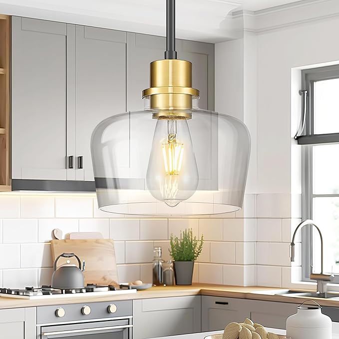 Emak 8 Inch Modern Pendant Lights Kitchen Island, Farmhouse Black and Gold Pendant Light Fixtures with Clear Glass Shade for Kitchen, Bedroom, Dining Room, PL122-BKBGD-CG