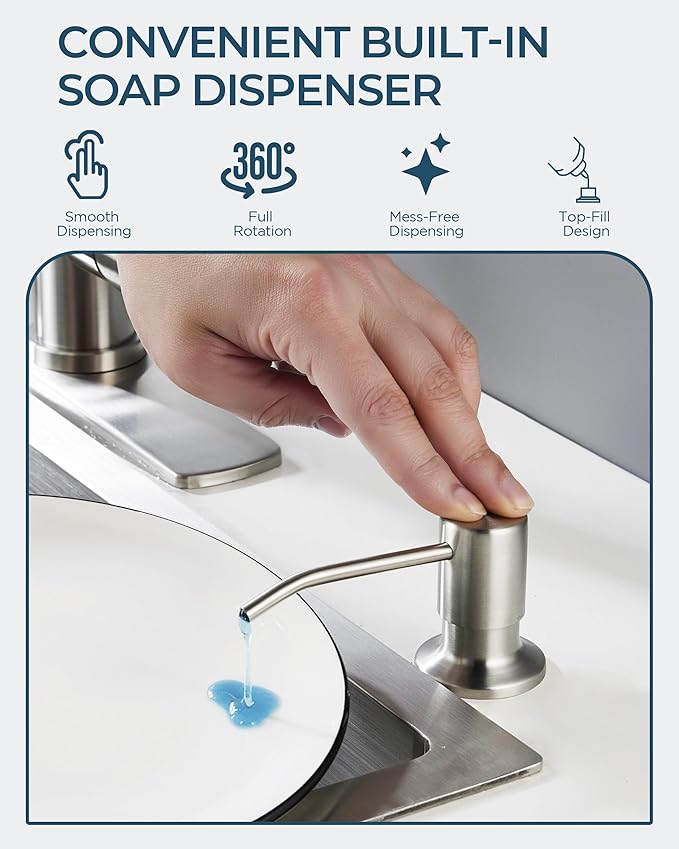 FORIOUS Kitchen Faucet with Soap Dispenser, Burhsed Nickel Stainless Steel Single Handle Modern Spring Commercial Sink Faucet with Pull Down Sprayer for Laundry & Utility Room RV Camp Bar Farmhouse