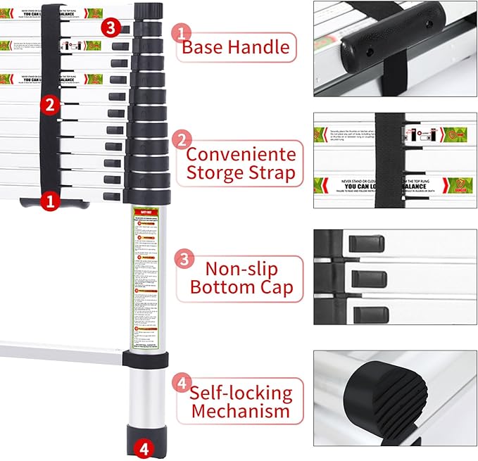 RIKADE Telescoping Ladder 12.5FT & Attic Ladder, Heavy Duty Aluminum with Non-Slip Feet, 330lb Capacity for RV, Attic, Roof & Multi-Surface Use