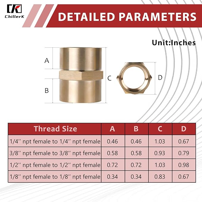 Hex Couplings, 1/4" NPT Female To Female Brass Hex Nipple Adapters, Brass Pipe Extension Fittings for Oil/Air/Water/Gas Systems. (4 Pack)