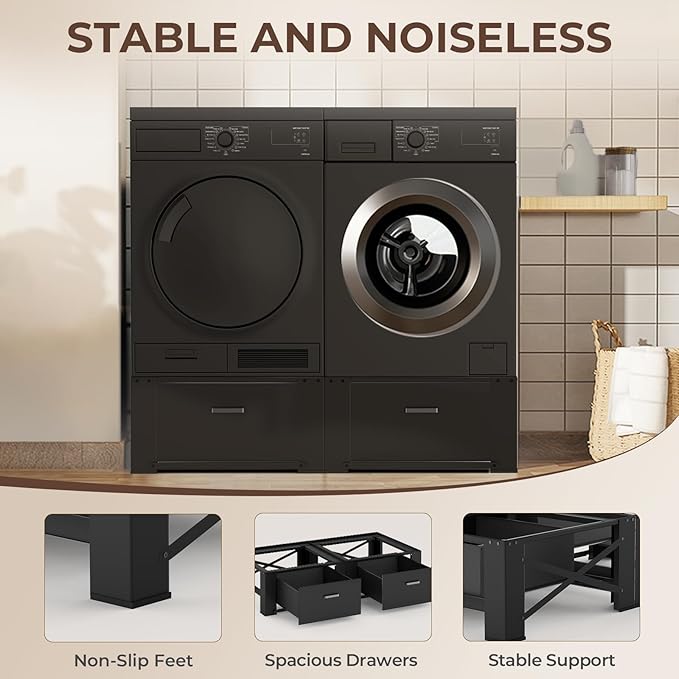 28" Washer and Dryer Pedestals with Drawer- Laundry Pedestal Stand for Washer and Dryer – Set of 2,Alloy Steel Washing Machine Stand Raiser, washer dryer pedestal 14.3'' Height Black