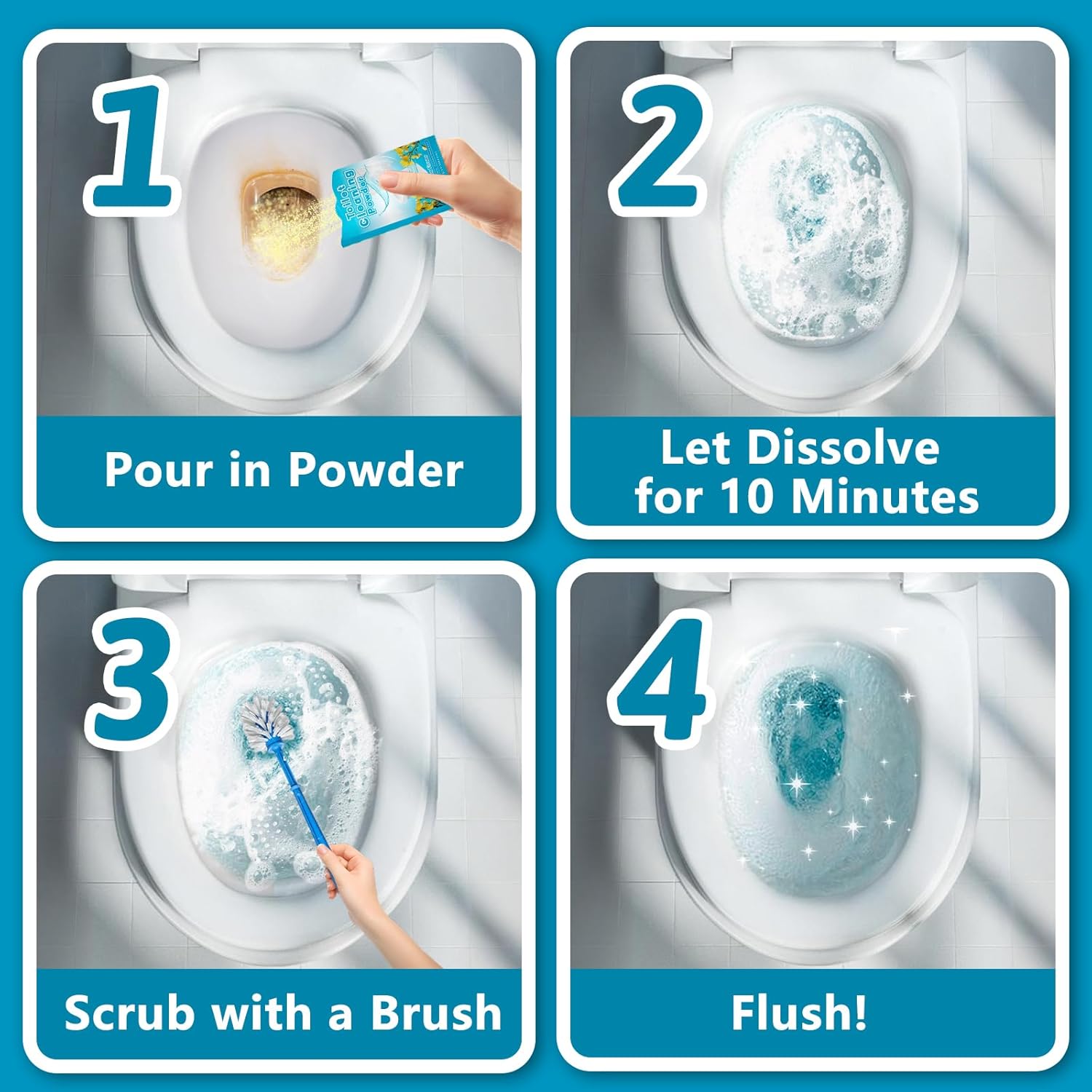 Toilet Bowl Cleaner Powder - Self-Activating Toilet Cleaner for Stubborn Stains & Limescale, Deep Cleaning Foam with Daylily Fragrance, Safe Toilet Cleaning Supplies (4 Packs × 3 oz)