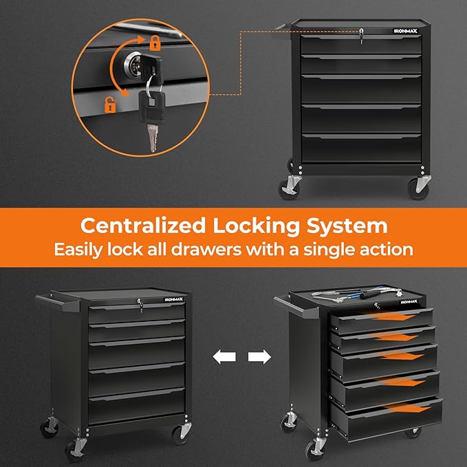 IRONMAX 5-Drawer Tool Chest with Wheels, Rolling Tool Storage Organizer Toolbox with Locking System & Liner, Metal Tool Cabinet for Warehouse, Garage, Workshop, Household