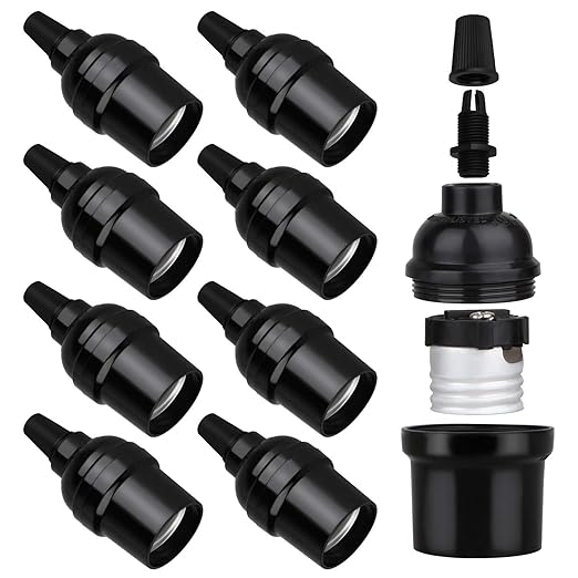 E26 E27 Light Sockets, 8 Packs Edison Period Retro Style Pendant Lamp Holder, Replacement DIY Pendant E26 Medium Base Screw Light Holder, Maximum Wattage 100W, Vintage Black Light Bulb Socket