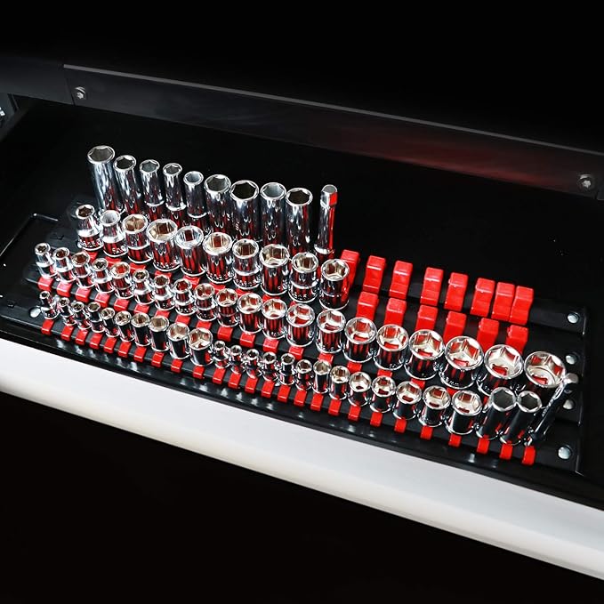 CASOMAN 80-Piece Portable Socket Organizer Tray, 1/4-Inch, 3/8-Inch, 1/2-Inch,Heavy Duty Socket Rail, Black Rails with Red Clips