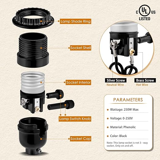 UL Listed E26 Light Socket Replacement,with 2 Lamp Shade Rings,2 ON/Off Turn Knob Types (Short/Long),Other Repair Parts. Fits Table Lamps, Floor Lamps and Light Fixtures,Black (1)