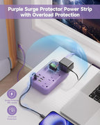 6 USB(2 USB C) Purple Travel Power Strip- 5Ft Lavender Extension Cord with 24W USB Charging Station and 4 Outlets, Purple Desk Accessories with Surge Protector for Cute Kawaii Office Dorm Room