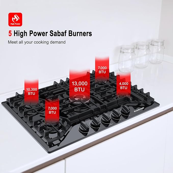 GASLAND 30 Inch Gas Cooktop Black, 5 Burner Propane Stove Top, Built-in NG/LPG Convertible Gas Cooktops, Plug-in with Thermocouple Protection, Black