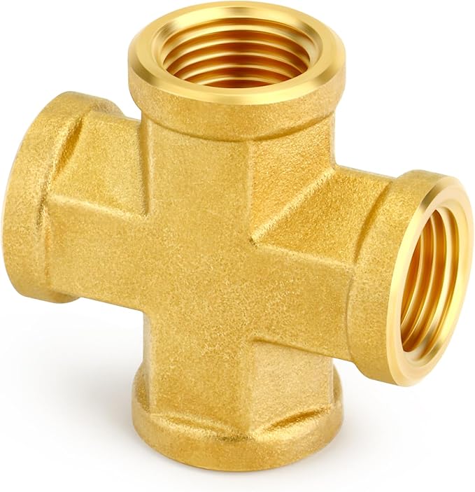 GASHER 2PCS Brass Pipe Fitting, Cross 4 Way Pipe Fitting, 3/8" x 3/8" x 3/8" x 3/8" NPT Female Pipe
