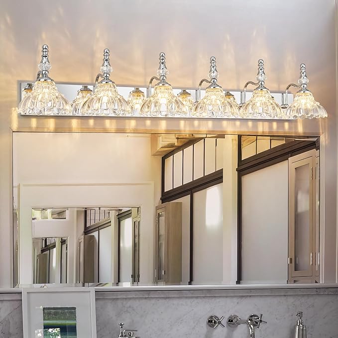 Vintage Bathroom Vanity Light, 6-Light Chrome Vanity Lighting Fixture with Flower Glass Shade, Bathroom Lighting Fixtures Over Mirror