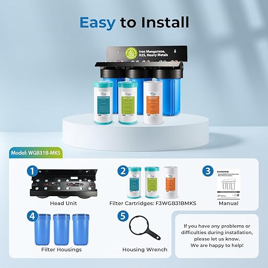 iSpring 3-Stage Whole House Water Filter System, Reduces Iron, Manganese, Hydrogen Sulfide, Heavy Metals, Chlorine, Sediments, 10” x 4.5” Filters, 1” Inlet/Outlet, Model: WGB31B-MKS