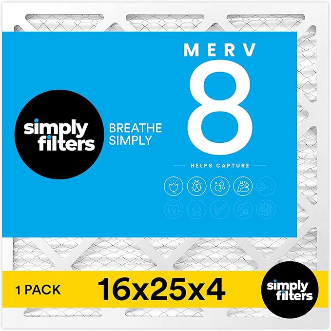 Simply 16x25x4 Air Filter MERV 8, MPR 600, 1 Pack, For Home AC Furnace & HVAC (Actual Size: 15.75"x24.75"x3.75") DUST Pet & Allergy Control