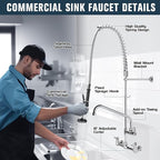 Commercial Faucet with Sprayer, 25 Inch Height Commercial Sink Faucet Wall Mount with 8" Adjustable Center and 12" Add-on Swing Spout & Pull Down Pre Rinse Sprayer