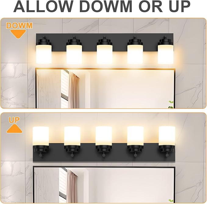 IZORRO Bathroom Vanity Light Fixture, 5-Light 36 Inch Matte Black Bathroom Light Fixtures Over Mirror, with White Glass Shade, Modern Farmhouse Vanity Lights, Rustic Restroom Lighting Fixtures